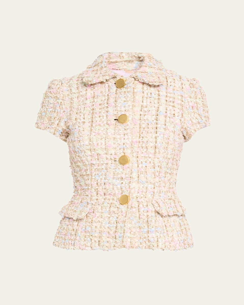 Short-Sleeve Tweed Metallic Jacket
